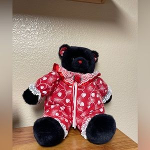 Vtg DanDee 17” Black Teddy Bear RedWhite Outfit Lace Trim Chubby & Fluffy Plush
